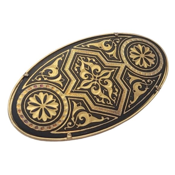 Vintage ia Midas of Toledo Trombone Clasp Oval Damascene Brooch Pin, Signed E956 - Picture 3 of 8